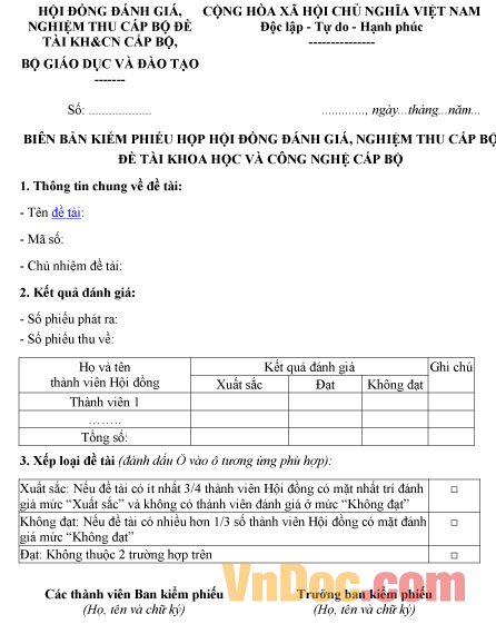Mẫu biên bản ghi chép việc kiểm phiếu họp hội đồng đánh giá, nghiệm thu cấp bộ