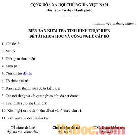 Mẫu biên bản về việc kiểm tra tình hình thực hiện đề tài khoa học và công nghệ cấp bộ