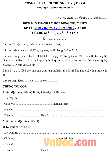 Mẫu biên bản về việc thanh lý hợp đồng thực hiện đề tài khoa học và công nghệ cấp bộ