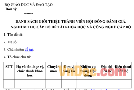 Mẫu danh sách về việc giới thiệu thành viên hội đồng đánh giá nghiệm thu cấp bộ
