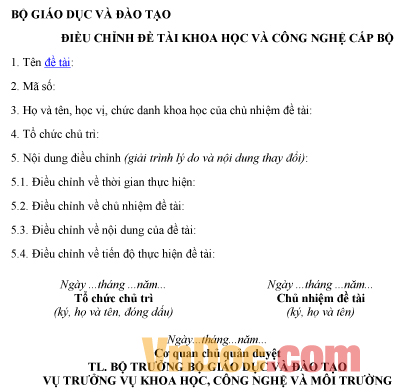 Mẫu bản điều chỉnh đề tài khoa học và công nghệ cấp bộ