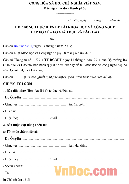 Mẫu hợp đồng ghi chép về việc thực hiện đề tài khoa học và công nghệ cấp bộ