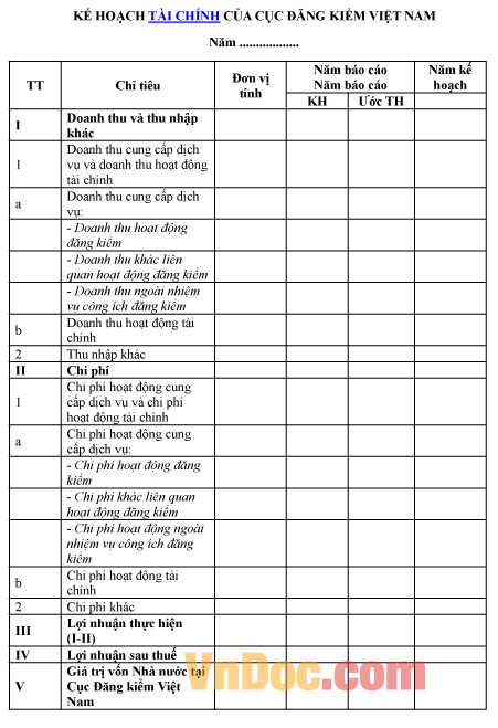 Mẫu bản kế hoạch tài chính của Cục Đăng kiểm Việt Nam