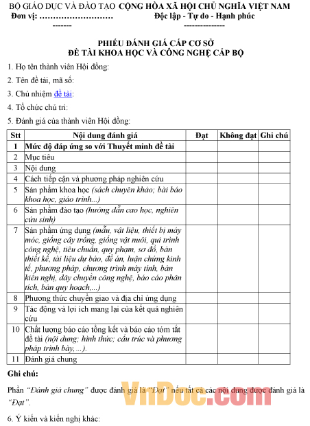 Mẫu phiếu đánh giá cấp cơ sở về đề tài khoa học và công nghệ cấp bộ