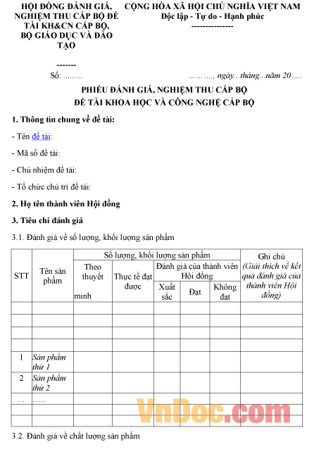 Mẫu phiếu ghi chép đánh giá, nghiệm thu cấp bộ đề tài khoa học và công nghệ