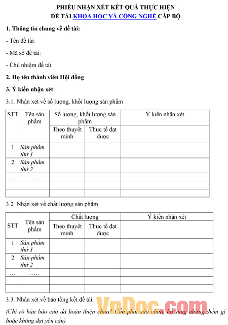 Mẫu phiếu nhận xét về kết quả thực hiện đề tài khoa học và công nghệ