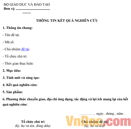 Mẫu bản thông tin kết quả nghiên cứu