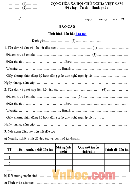 Mẫu báo cáo ghi chép về tình hình liên kết đào tạo