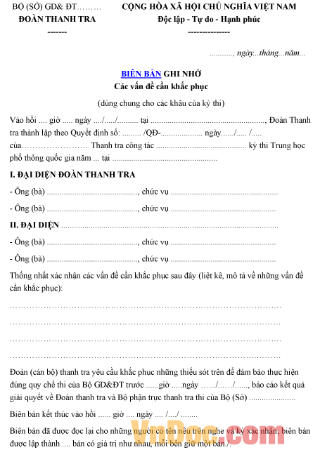 Mẫu biên bản về việc ghi nhớ các vấn đề cần khắc phục