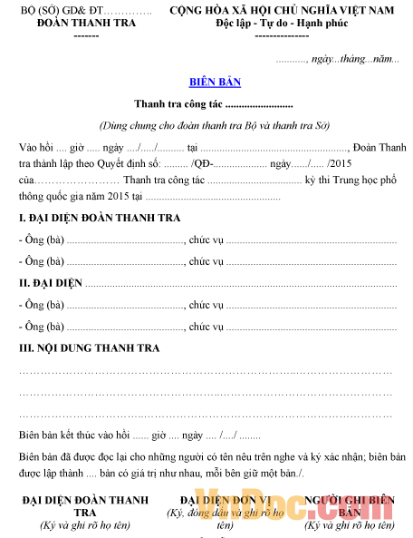 Mẫu biên bản ghi chép thanh tra công tác của đoàn thanh tra Bộ, Sở