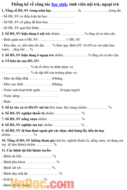 Mẫu bản thống kê về công tác học sinh, sinh viên nội trú, ngoại trú