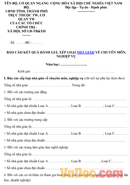 Mẫu báo cáo ghi chép kết quả đánh giá, xếp loại nhà giáo về chuyên môn nghiệp vụ