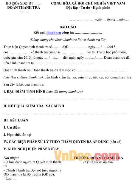 Mẫu báo cáo ghi chép kết quả thanh tra của đoàn thanh tra Bộ, Sở