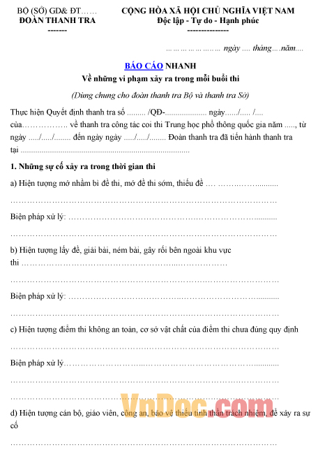 Mẫu báo cáo nhanh về những vi phạm xảy ra trong mỗi buổi thi
