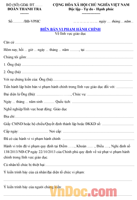 Mẫu biên bản ghi chép vi phạm hành chính về lĩnh vực giáo dục