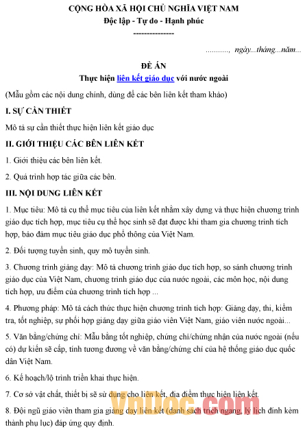 Mẫu đề án về việc thực hiện liên kết giáo dục với nước ngoài