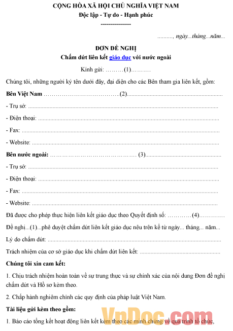 Mẫu đơn đề nghị về việc chấm dứt liên kết giáo dục với nước ngoài