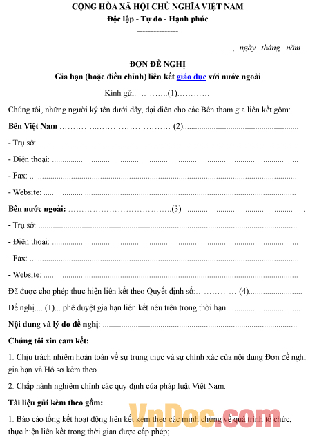 Mẫu đơn đề nghị về việc gia hạn hoặc điều chỉnh liên kết giáo dục với nước ngoài