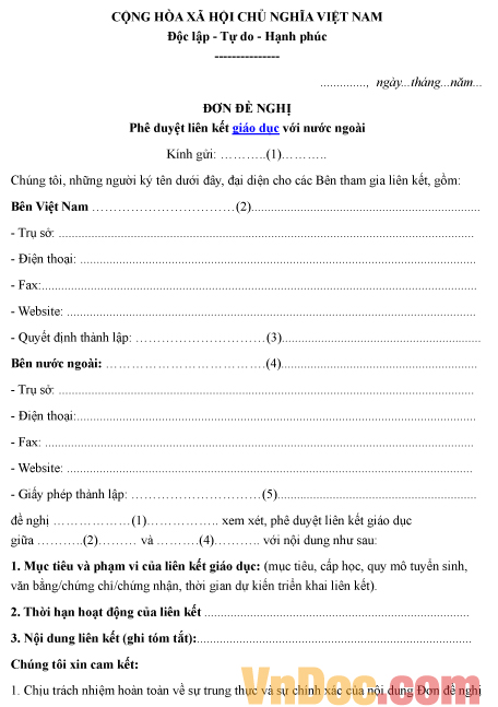 Mẫu đơn xin phê duyệt liên kết giáo dục với nước ngoài