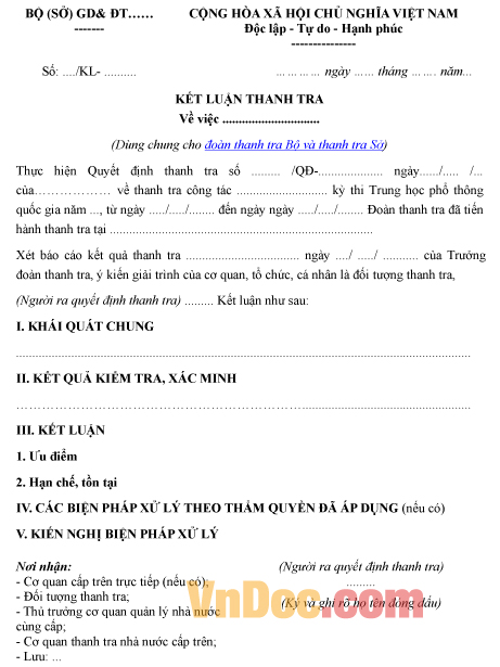 Mẫu kết luận về việc thanh tra của đoàn thanh tra Bộ, Sở