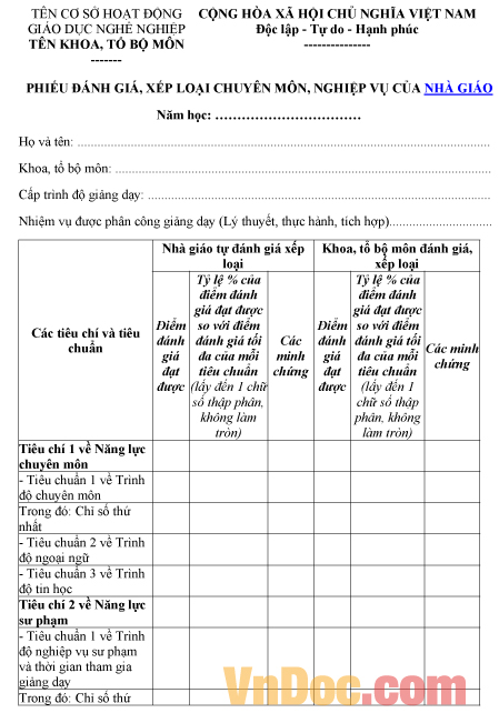 Mẫu phiếu ghi chép đánh giá, xếp loại chuyên môn, nghiệp vụ của nhà giáo