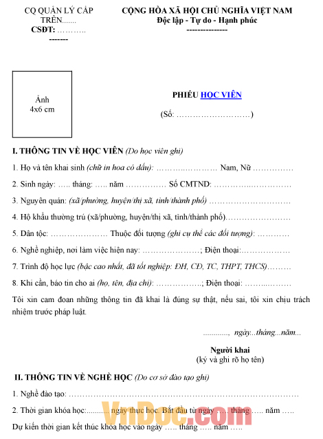 Mẫu phiếu thông tin học viên