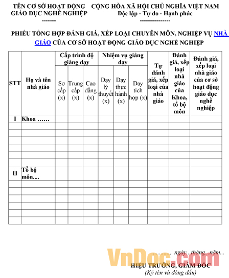 Mẫu phiếu ghi chép tổng hợp đánh giá, xếp loại chuyên môn, nghiệp vụ nhà giáo