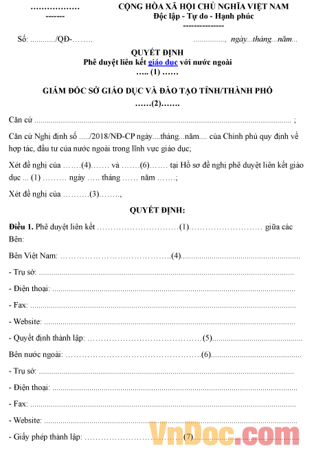 Mẫu quyết định về việc phê duyệt liên kết giáo dục với nước ngoài