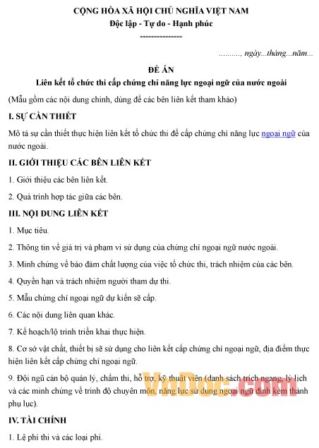 Mẫu đề án về việc liên kết tổ chức thi cấp chứng chỉ năng lực ngoại ngữ của nước ngoài