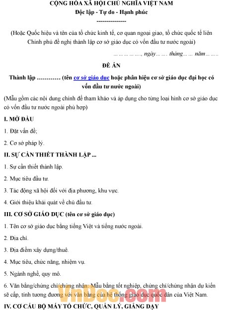 Mẫu đề án về việc thành lập cơ sở giáo dục