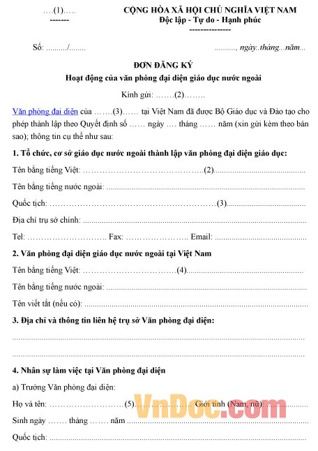 Mẫu đơn đăng ký về hoạt động của văn phòng đại diện giáo dục nước ngoài