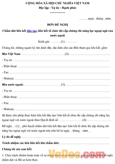 Mẫu đơn xin chấm dứt liên kết đào tạo, tổ chức thi cấp chứng chỉ ngoại ngữ của nước ngoài