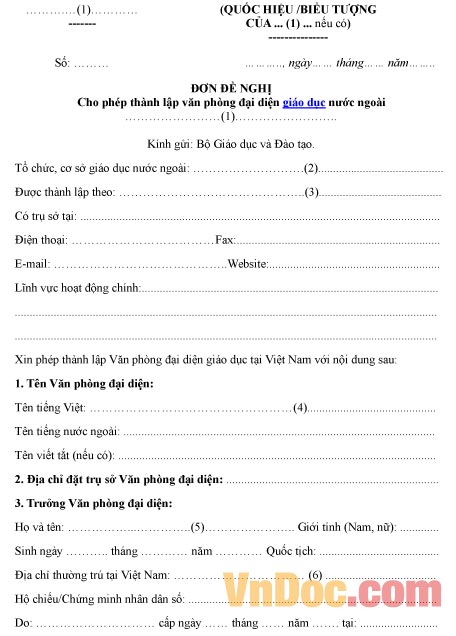 Mẫu đơn xin cho phép thành lập văn phòng đại diện giáo dục nước ngoài