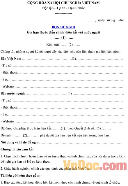 Mẫu đơn đề nghị về việc gia hạn hoặc điều chỉnh liên kết với nước ngoài