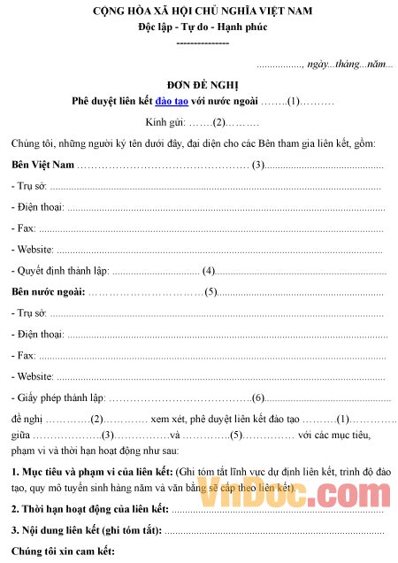 Mẫu đơn đề nghị về việc phê duyệt liên kết đào tạo với nước ngoài