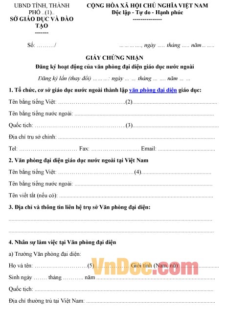 Mẫu giấy chứng nhận về việc đăng ký hoạt động của văn phòng đại diện giáo dục nước ngoài