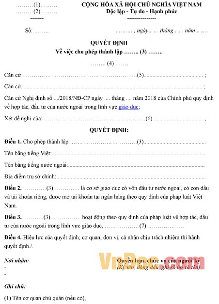 Mẫu quyết định về việc cho phép thành lập cơ sở giáo dục có vốn đầu tư nước ngoài