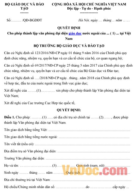 Mẫu quyết định về việc cho phép thành lập văn phòng đại diện giáo dục nước ngoài