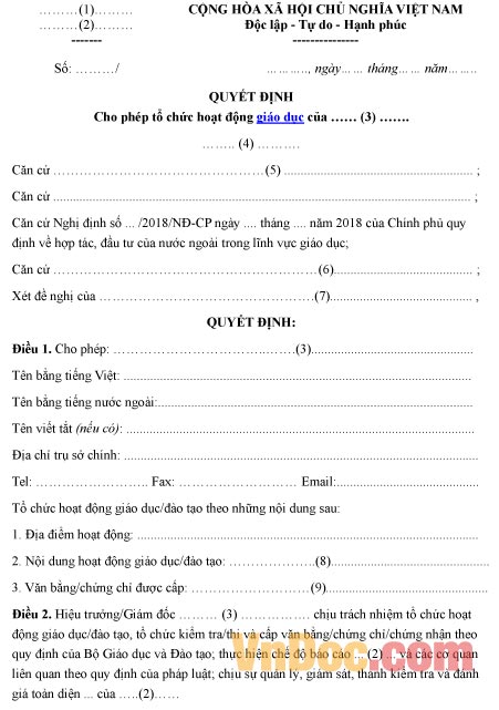 Mẫu quyết định về việc cho phép tổ chức hoạt động giáo dục