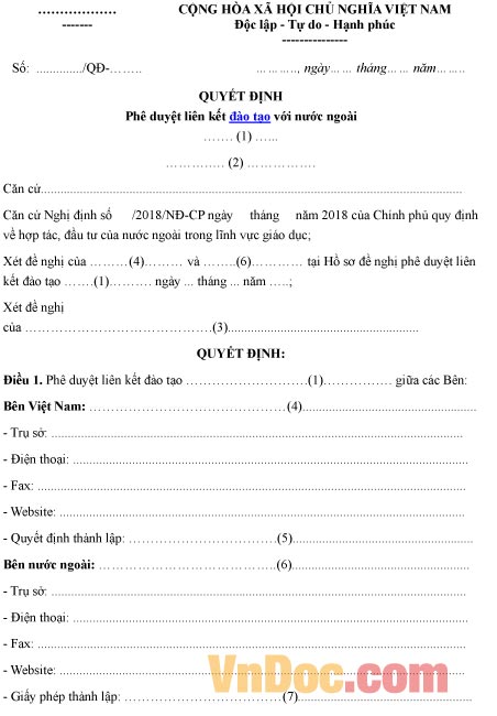 Mẫu quyết định về việc phê duyệt liên kết đào tạo với nước ngoài