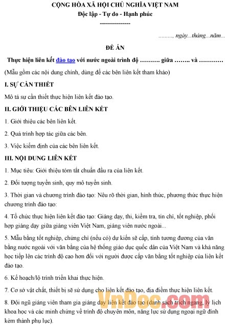 Mẫu đề án về việc thực hiện liên kết đào tạo với nước ngoài