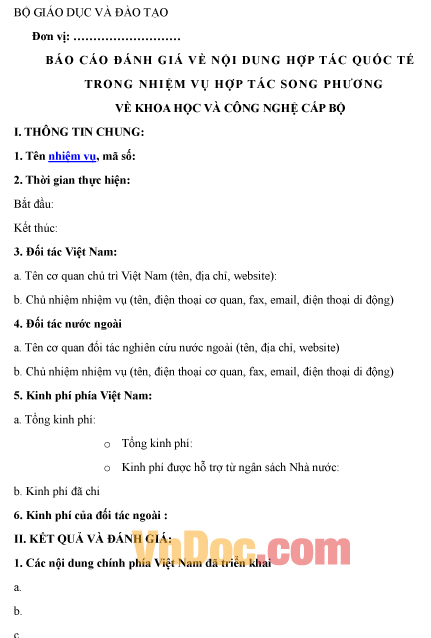 Mẫu báo cáo về việc đánh giá nội dung hợp tác quốc tế trong nhiệm vụ hợp tác song phương