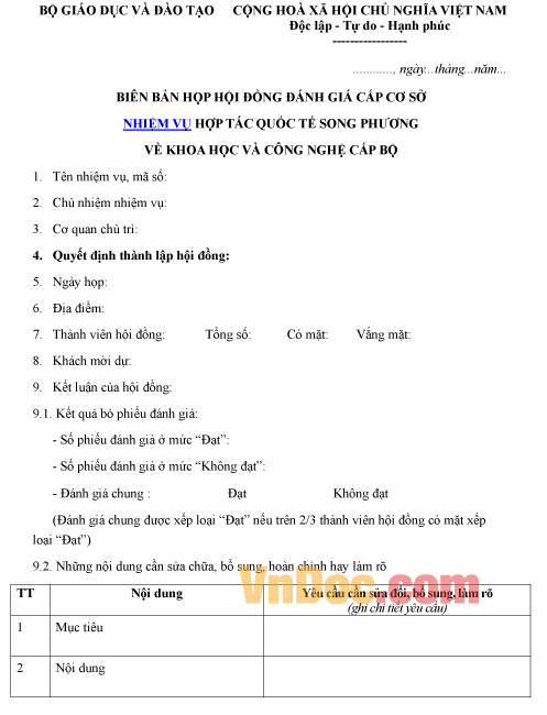 Mẫu biên bản ghi chép họp hội đồng đánh giá cấp cơ sở nhiệm vụ hợp tác quốc tế song phương