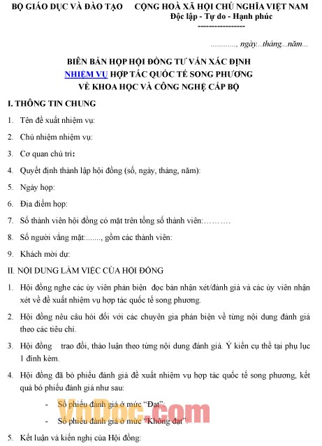 Mẫu biên bản ghi chép họp hội đồng tư vấn xác định nhiệm vụ hợp tác quốc tế song phương