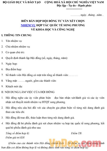 Mẫu biên bản ghi chép họp hội đồng tư vấn xét chọn nhiệm vụ hợp tác quốc tế song phương