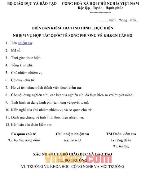 Mẫu biên bản ghi chép kiểm tra tình hình thực hiện nhiệm vụ hợp tác quốc tế song phương