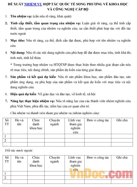 Mẫu đề xuất về nhiệm vụ hợp tác quốc tế song phương về khoa học và công nghệ cấp bộ