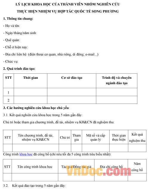 Mẫu bản lý lịch khoa học của thành viên nhóm nghiên cứu nhiệm vụ hợp tác quốc tế song phương