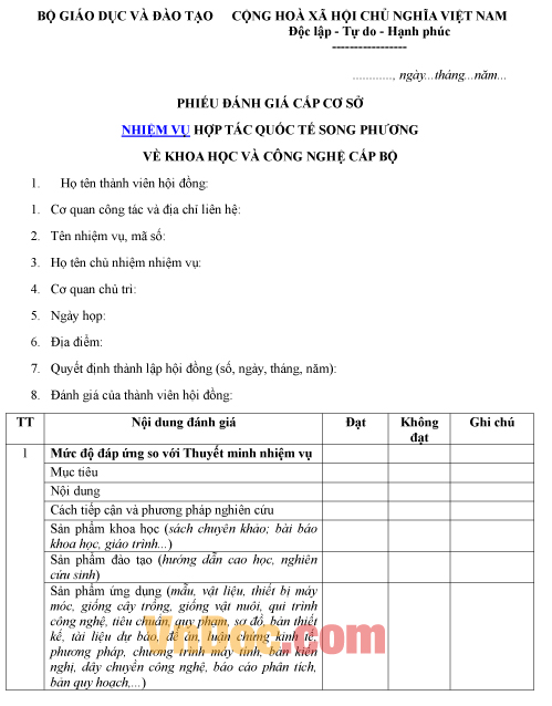 Mẫu phiếu ghi chép đánh giá cấp cơ sở nhiệm vụ hợp tác quốc tế song phương