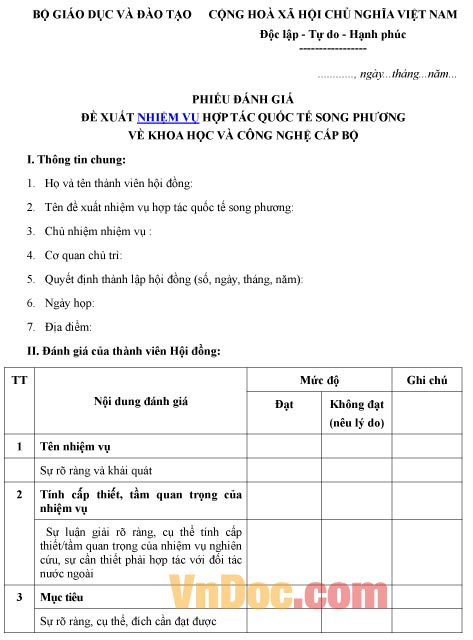 Mẫu phiếu đánh giá về đề xuất nhiệm vụ hợp tác quốc tế song phương